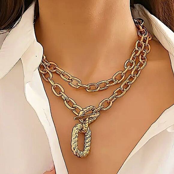 Gold Exaggerated Multilayer Statement Necklace - Picture 2 of 4